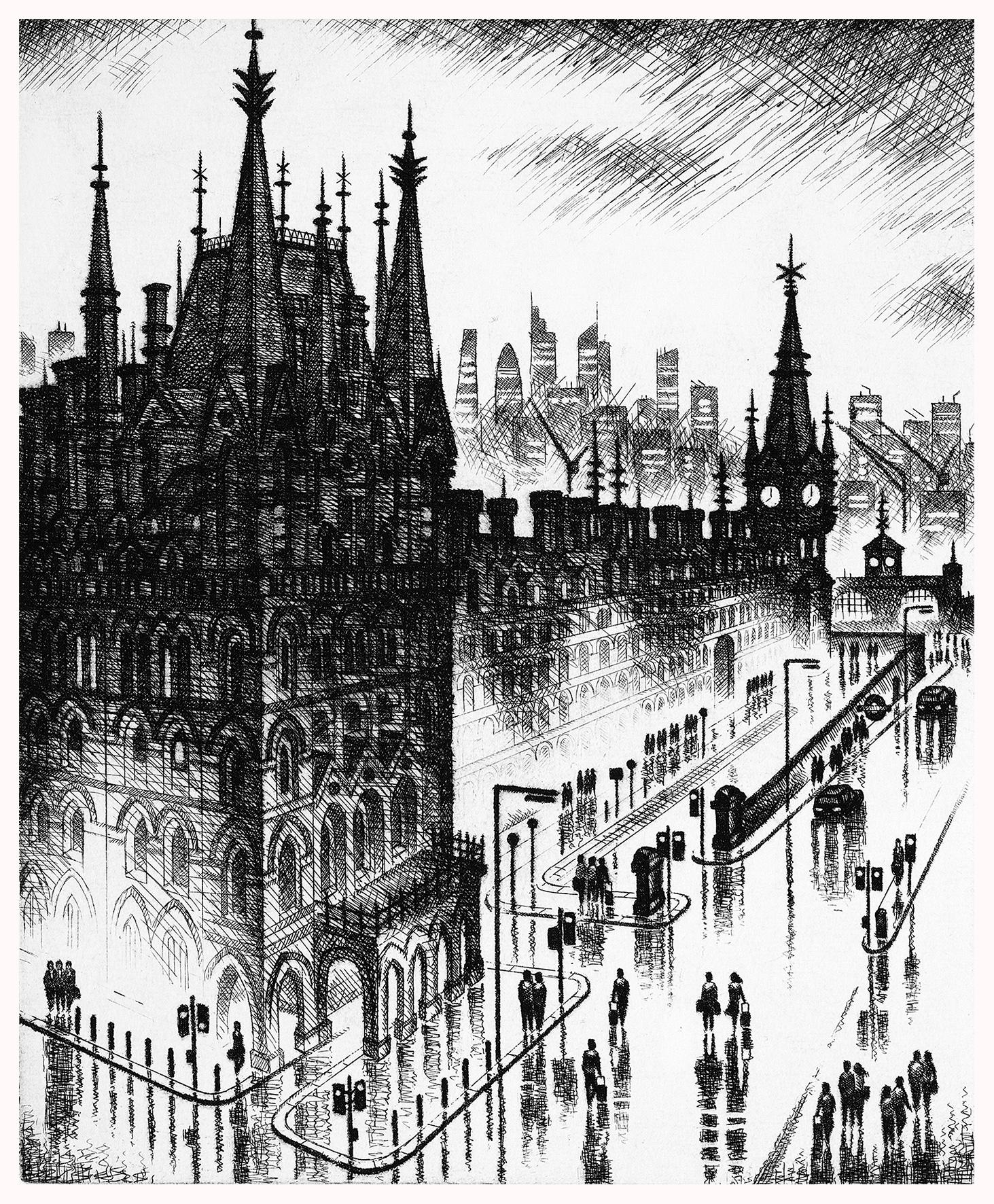 John Duffin, Kings Cross rain, etching, Edition of 150, 25x30cm, 2019.
