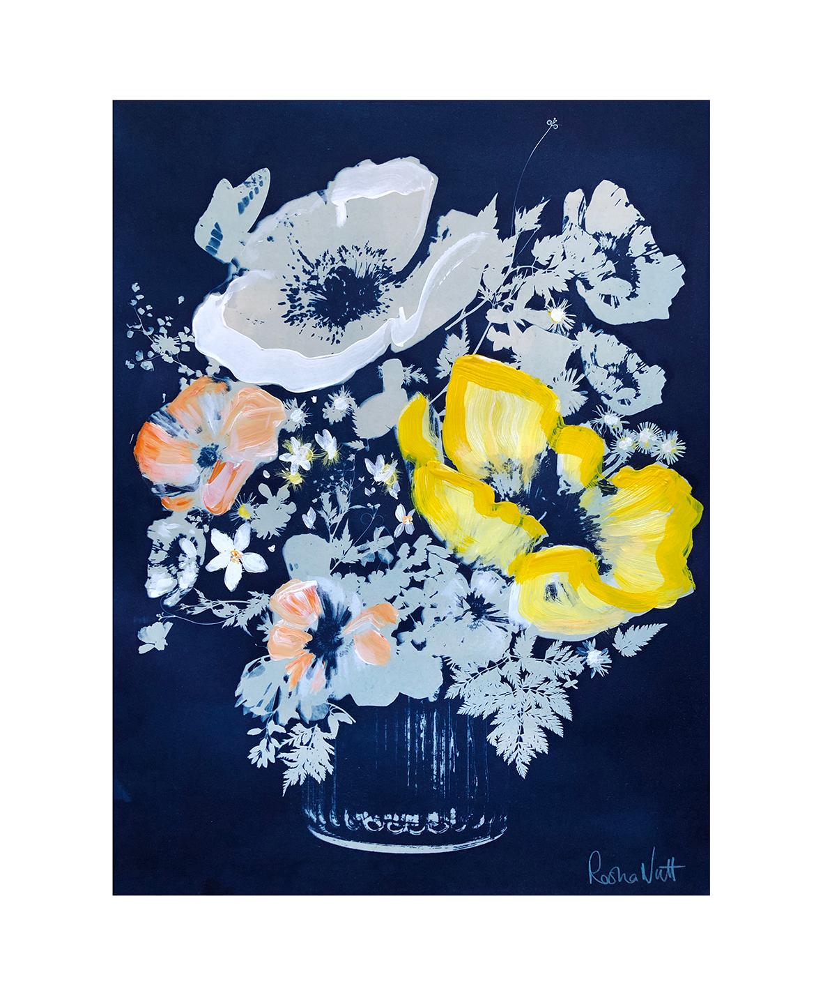 Rosha Nutt, Yellow Poppy, Cyanotype, Monoprint, 44x58 cm, £300, 2020.
