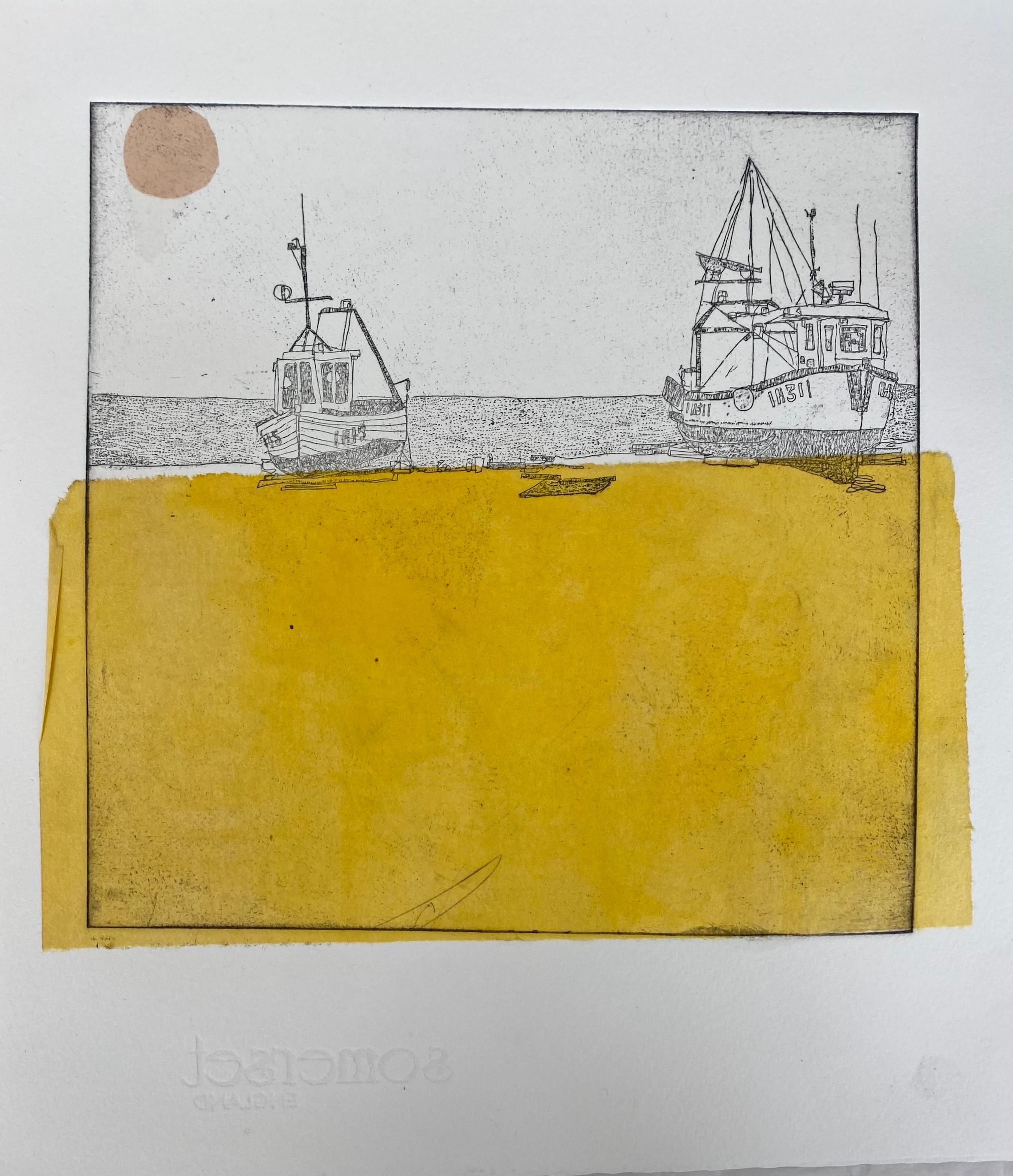 Boats on a Beach Aldeburgh, pink sun yellow sand